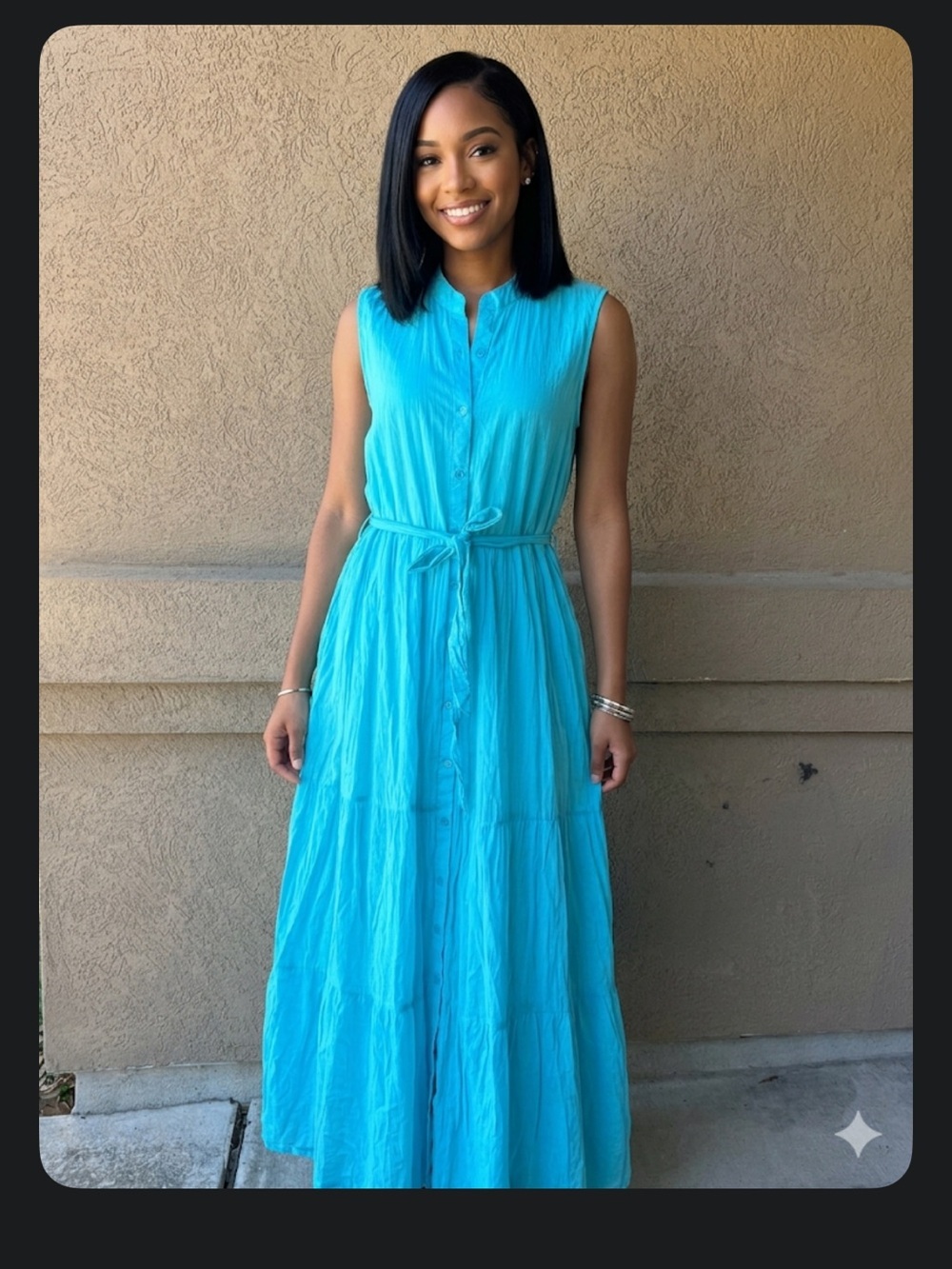 Antica sartoria Sleeveless Turquoise Button-Front Maxi Dress Tie Waist - Women